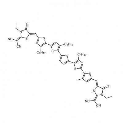 CAS    1801872-28-5     	Propanedinitrile, 2,2'-[(3,3''',3'''',4'-tetraoctyl[2,2':5',2'':5'',2''':5''',2''''-quinquethiophene]-5,5''''-diyl)bis[methylidyne(3-ethyl-4-oxo-5,2-thiazolidinediylidene)]]bi