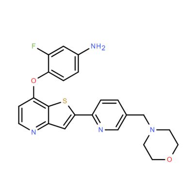 CAS   1187214-13-6   	3-fluoro-4-((2-(5-(morpholinomethyl)pyridin-2-yl)thieno[3,2-b]pyridin-7-yl)oxy)aniline