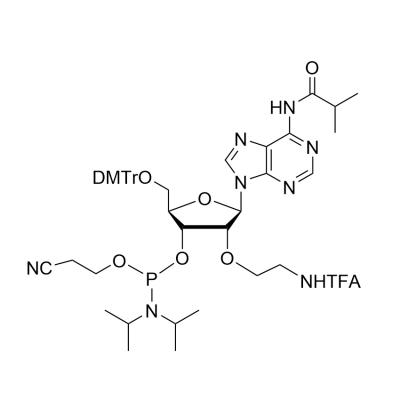 CAS    853748-67-1     Adenosine, 5'-O-[bis(4-methoxyphenyl)phenylmethyl]-N-(2-methyl-1-oxopropyl)-2'-O-[2-[(trifluoroacetyl)amino]ethyl]-, 3'-[2-cyanoethyl bis(1-methylethyl)phosphoramidite] (9CI)