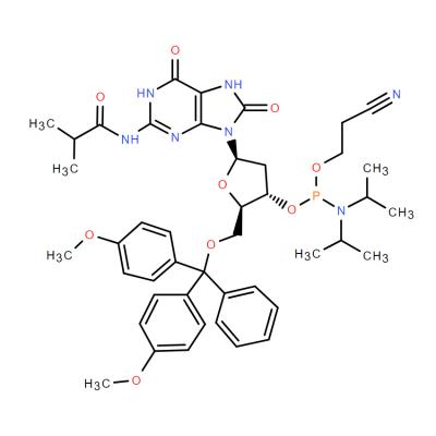 CAS  143060-53-1   5'-O-(4,4'-DIMETHOXYTRITYL)-N2-ISOBUTYRYL-8-OXO-2'-DEOXYGUANOSINE, 3'-[(2-CYANOETHYL)-(N,N-DIISOPROPYL)]PHOSPHORAMIDITE