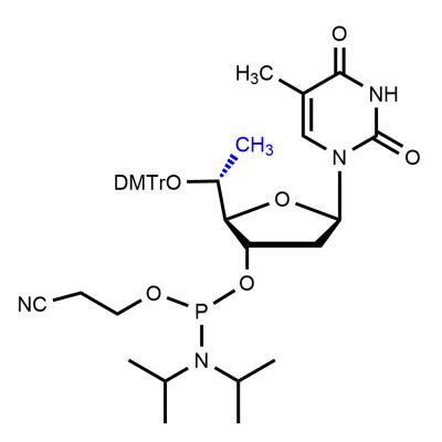 CAS    167934-48-7      2,4(1H,3H)-Pyrimidinedione, 1-[5-O-[bis(4-methoxyphenyl)phenylmethyl]-3-O-[[bis(1-methylethyl)amino](2-cyanoethoxy)phosphino]-2,6-dideoxy-β-D-ribo-hexofuranosyl]-5-methyl-