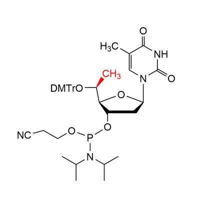 CAS  167934-49-8     2,4(1H,3H)-Pyrimidinedione, 1-[5-O-[bis(4-methoxyphenyl)phenylmethyl]-3-O-[[bis(1-methylethyl)amino](2-cyanoethoxy)phosphino]-2,6-dideoxy-α-L-lyxo-hexofuranosyl]-5-methyl-